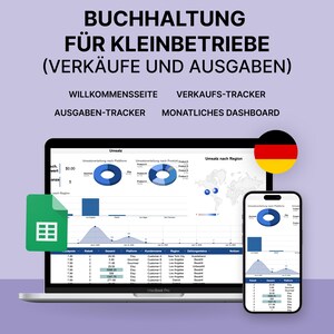 Puede incluir: Un port&aacute;til y un smartphone que muestran datos financieros, con el texto "BUCHHALTUNG F&Uuml;R KLEINBETRIEBE (VERK&Auml;UFE UND AUSGABEN)". La pantalla muestra gr&aacute;ficos y tablas. Tambi&eacute;n hay una bandera alemana.