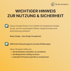 May include: A yellow graphic with the text "Wichtiger Hinweis zur Nutzung & Sicherheit" and bullet points. The text explains the Google Sheets tool, including an integrated script and helpful instructions.