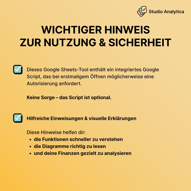 May include: A yellow graphic with the text "Wichtiger Hinweis zur Nutzung & Sicherheit" and bullet points. The text explains the Google Sheets tool, including an integrated script and helpful instructions.