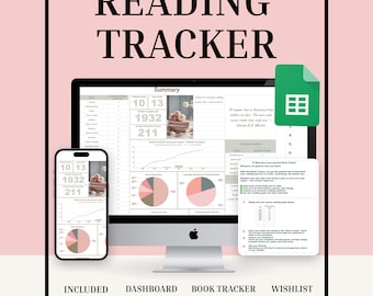 May include: A digital reading tracker displayed on a computer monitor and a smartphone. The screen shows data visualizations, including charts and graphs. The words "READING TRACKER" are at the top. The included sheets are: Dashboard, Book Gallery, Book Tracker, and Wishlist.