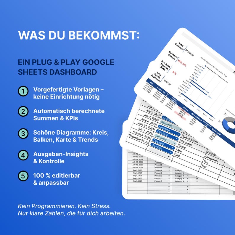 Puede incluir: Panel digital con datos financieros. El texto dice "WAS DU BEKOMMST: EIN PLUG & PLAY GOOGLE SHEETS DASHBOARD". El panel incluye gr&aacute;ficos e informaci&oacute;n de seguimiento de gastos.