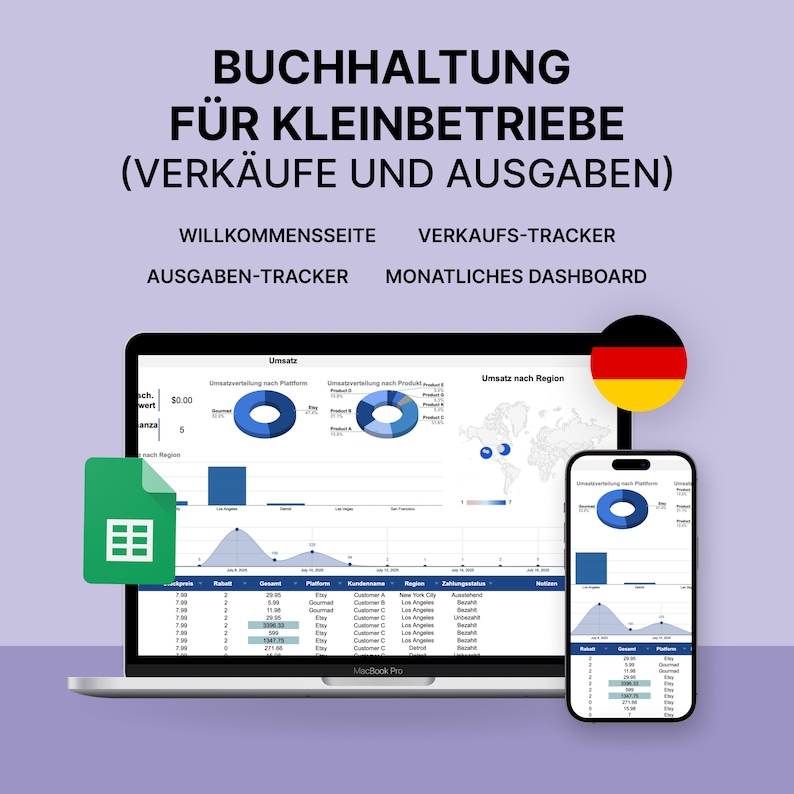 Puede incluir: Un port&aacute;til y un smartphone que muestran datos financieros, con el texto "BUCHHALTUNG F&Uuml;R KLEINBETRIEBE (VERK&Auml;UFE UND AUSGABEN)". La pantalla muestra gr&aacute;ficos y tablas. Tambi&eacute;n hay una bandera alemana.