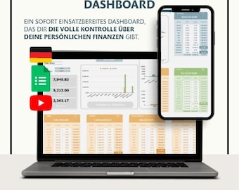 May include: A laptop and smartphone displaying a financial dashboard. The laptop screen shows charts and tables with financial data. The smartphone mirrors the dashboard. Text on the screen reads "PERSÖNLICHES FINANZ-DASHBOARD" and "EIN SOFORT EINSATZBEREITES DASHBOARD".