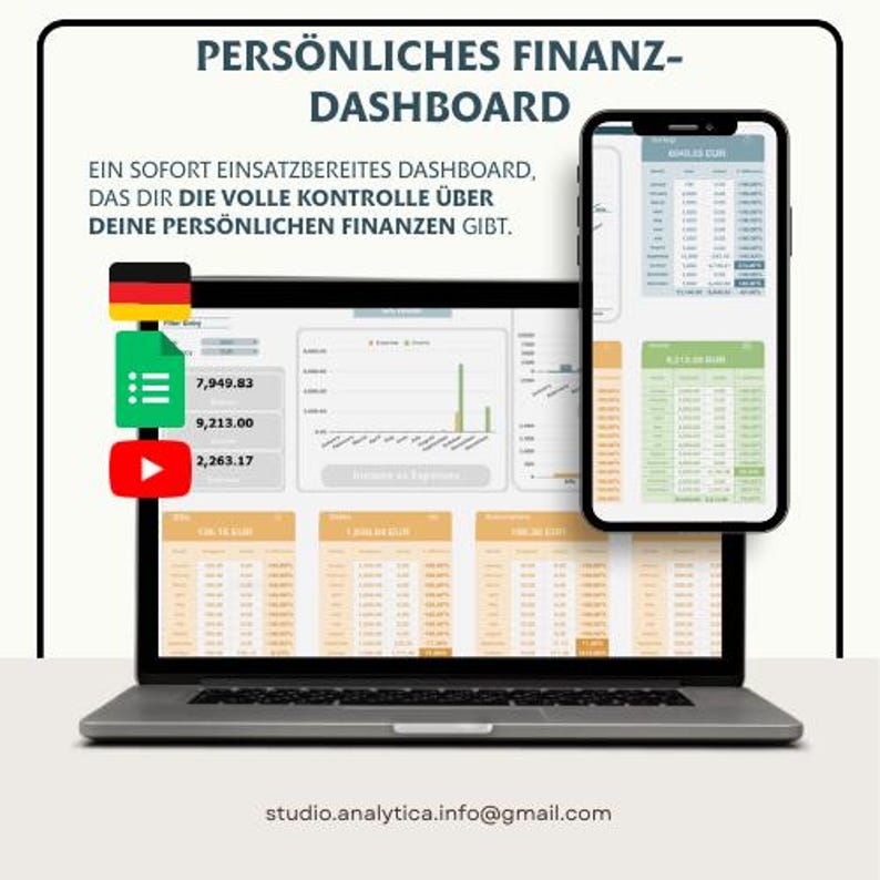 May include: A laptop and smartphone displaying a financial dashboard. The laptop screen shows charts and tables with financial data. The smartphone mirrors the dashboard. Text on the screen reads "PERS&Ouml;NLICHES FINANZ-DASHBOARD" and "EIN SOFORT EINSATZBEREITES DASHBOARD".