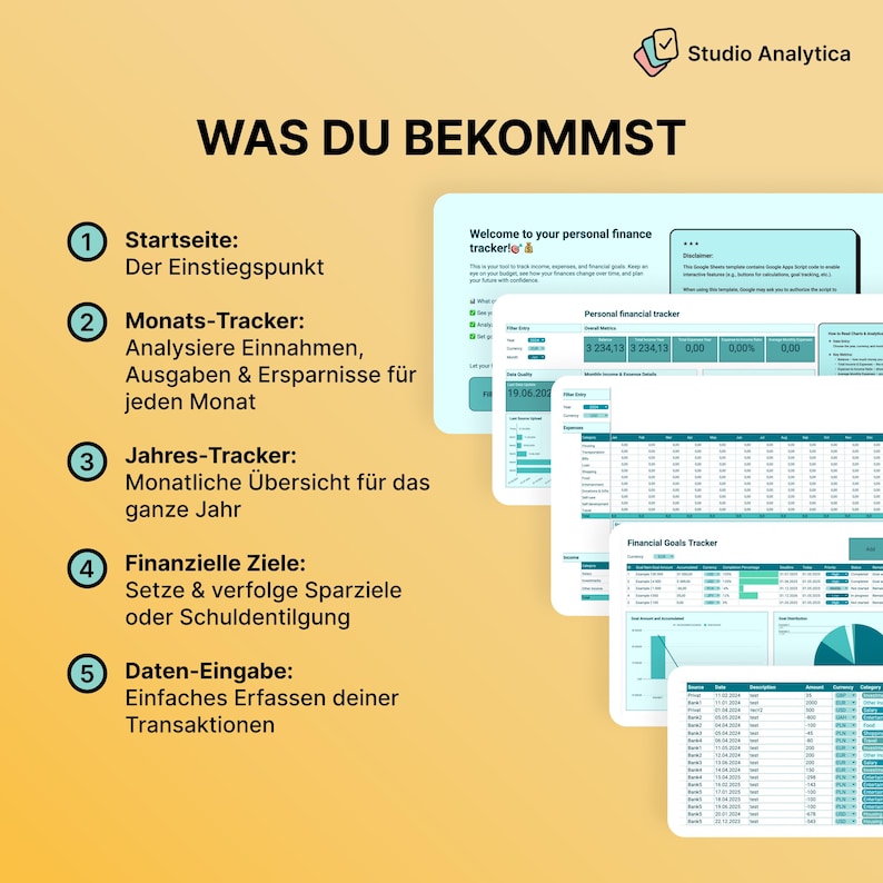 May include: A digital financial tracker with a light blue and white interface. The image displays several screens with data tables and charts, along with text in German. The text includes "Startseite", "Monats-Tracker", and "Finanzielle Ziele".