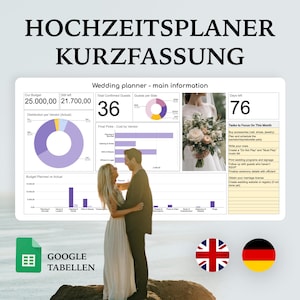 Puede incluir: Una plantilla de planificador de bodas titulada "HOCHZEITSPLANER KURZFASSUNG" con gráficos y una pareja abrazándose. La plantilla incluye un logotipo de Google Sheets y las banderas británica y alemana. Ideal para planificar una boda.