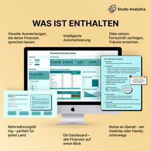 May include: A computer monitor displaying a financial tracker dashboard with charts and data. The screen shows financial metrics, income, and expense details. Text on the screen includes "Personal financial tracker" and "How to Read Charts & Analytics."