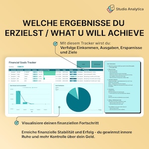 May include: A digital financial goals tracker with a white background, displaying charts and data. The text reads "WELCHE ERGEBNISSE DU ERZIELST / WHAT U WILL ACHIEVE" and "Financial Goals Tracker". The tracker visualizes income, expenses, savings, and goals.