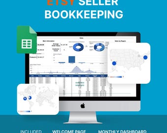 May include: A computer screen showing an Etsy seller bookkeeping template with sales data, charts, and maps. Text on the screen includes "ETSY SELLER BOOKKEEPING", "WELCOME PAGE", "EXPENSE TRACKER", and "SALES TRACKER". The background is blue.