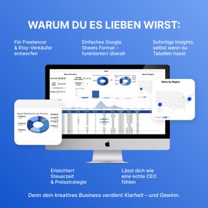 Puede incluir: Una pantalla de ordenador que muestra visualizaciones de datos de ventas, incluyendo gr&aacute;ficos circulares y un mapa, con el texto "WARUM DU ES LIEBEN WIRST:" y otro texto alem&aacute;n. La pantalla est&aacute; sobre un fondo azul con texto y gr&aacute;ficos blancos.