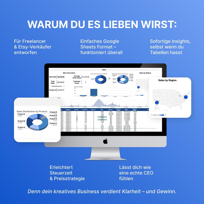 Puede incluir: Una pantalla de ordenador que muestra visualizaciones de datos de ventas, incluyendo gr&aacute;ficos circulares y un mapa, con el texto "WARUM DU ES LIEBEN WIRST:" y otro texto alem&aacute;n. La pantalla est&aacute; sobre un fondo azul con texto y gr&aacute;ficos blancos.