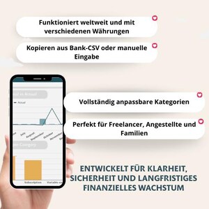 May include: A smartphone displaying financial charts and graphs, held by a hand. Text bubbles highlight features like currency support, CSV import, customizable categories, and long-term financial growth. The bottom text reads: "DEVELOPED FOR CLARITY, SECURITY AND LONG-TERM FINANCIAL GROWTH."