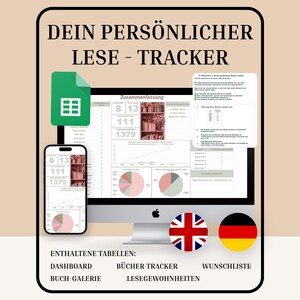 May include: A digital reading tracker displayed on a computer monitor and a smartphone. The screen shows charts and data, with the text "DEIN PERSÖNLICHER LESE - TRACKER" at the top. Additional text includes "Dashboard," "Buch-Galerie," "Bücher-Tracker," and "Wunschliste."