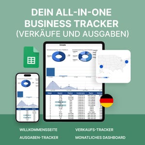 May include: A digital business tracker displayed on a tablet and smartphone. The tablet shows sales data with charts and graphs. The phone displays similar information. Text includes "DEIN ALL-IN-ONE BUSINESS TRACKER" and "WILLKOMMENSSEITE".