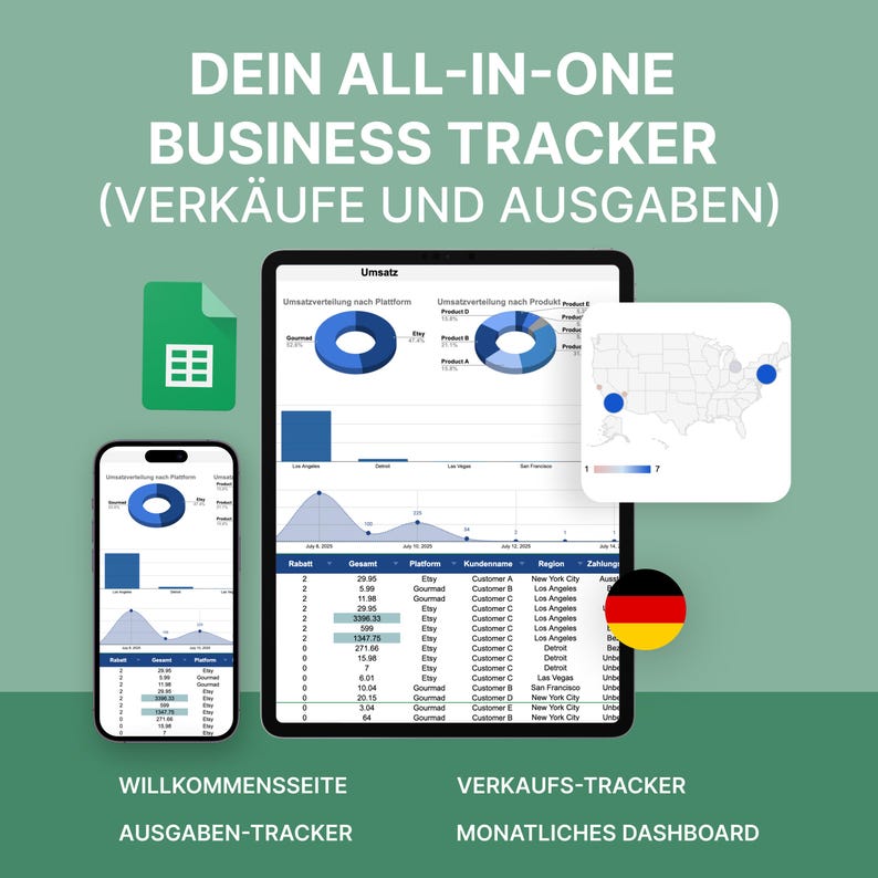 Dein All-in-One Deutsch Business Tracker Google Sheets | Verkaufs- & Ausgaben-Tabelle | Buchhaltungsvorlage für Freiberufler, Etsy-Verkäufer