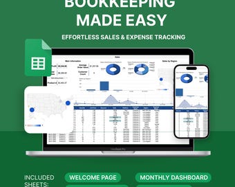 May include: A laptop and smartphone display sales and expense tracking data. The laptop screen shows charts and graphs, with the text "BOOKKEEPING MADE EASY" and "EFFORTLESS SALES & EXPENSE TRACKING." Included sheets: Welcome Page, Expense Tracker, Monthly Dashboard, and Sales Tracker.