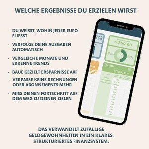 May include: A smartphone displaying a financial dashboard with charts and figures. The screen shows income details, with the text "Income" and "6760.00 EUR". The image includes German text: "WELCHE ERGEBNISSE DU ERZIELEN WIRST" and other financial terms.