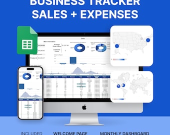 May include: A business tracker with sales and expenses data displayed on a computer, phone, and a Google Sheets icon. The screen shows charts, graphs, and tables. Text includes "Business Tracker Sales + Expenses", "Included Sheets", "Welcome Page", "Expense Tracker", and "Sales Tracker".