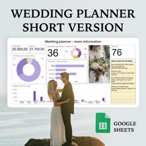 May include: A wedding planner template with data visualizations, including budget, guest count, and vendor costs. The image features a couple embracing, with the text "WEDDING PLANNER SHORT VERSION" at the top and "GOOGLE SHEETS" at the bottom.