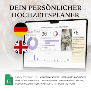 Op de afbeelding: Een digitale huwelijksplanner op een laptopscherm. Het scherm toont grafieken en een foto van een bruid. Tekst bevat "Wedding planner - main information" en "Tasks to Focus On This Month".