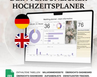 May include: A digital wedding planner displayed on a laptop screen. The screen shows charts, graphs, and a photo of a bride. Text includes "Wedding planner - main information" and "Tasks to Focus On This Month."