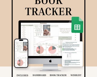 May include: A digital book tracker displayed on a computer monitor and smartphone. The screen shows a summary with charts and graphs. The text "BOOK TRACKER" is at the top. Included sheets: Dashboard, Book Gallery, Reading Tracker, and Wishlist.