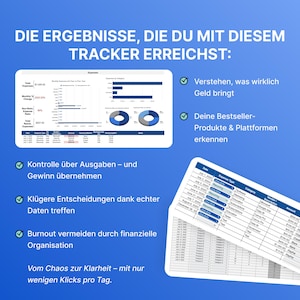 Puede incluir: Un rastreador financiero digital con gr&aacute;ficos y tablas de datos. El texto de la imagen dice: "DIE ERGEBNISSE, DIE DU MIT DIESEM TRACKER ERREICHST:" y enumera beneficios como la comprensi&oacute;n de las finanzas.