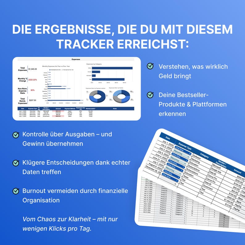 Puede incluir: Un rastreador financiero digital con gr&aacute;ficos y tablas de datos. El texto de la imagen dice: "DIE ERGEBNISSE, DIE DU MIT DIESEM TRACKER ERREICHST:" y enumera beneficios como la comprensi&oacute;n de las finanzas.