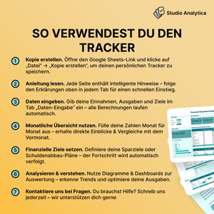 May include: A digital financial tracker guide with the title "SO VERWENDEST DU DEN TRACKER" and numbered steps. The guide includes instructions on copying, reading, entering data, and analyzing financial information. A spreadsheet is visible.