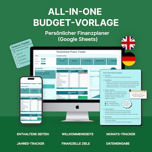 May include: A digital finance tracker displayed on a computer monitor and a smartphone. The screen shows a budget template with charts and data. Text includes "ALL-IN-ONE BUDGET-VORLAGE" and "Finance Tracker". A green background.