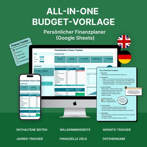 DEUTSCH Finanzplaner Google Sheets | Monats- & Jahresbudget-Vorlage | Finanzen verwalten sparen | Haushaltsbuch | Budgetplaner