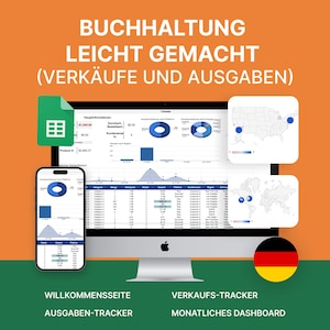 May include: A computer screen and smartphone display financial data, charts, and graphs. The text "BUCHHALTUNG LEICHT GEMACHT (VERKÄUFE UND AUSGABEN)" is at the top. The image includes a Google Sheets icon and the German flag.