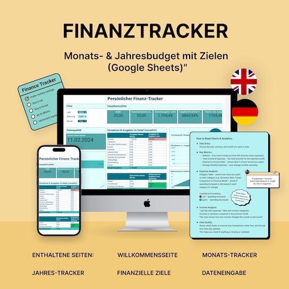 Budgetplaner DEUTSCH Google Sheets Persönlicher Finanzplaner | Monatliches Jährliches Budget | Einnahmen Ausgaben Spar-Tracker