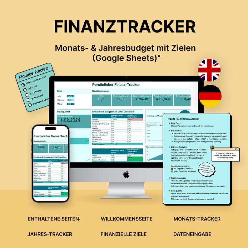 May include: A digital financial tracker displayed on a computer monitor and a smartphone. The screen shows a spreadsheet with financial data. Text includes "FINANZTRACKER" and "Finance Tracker". A British and German flag are in the background.
