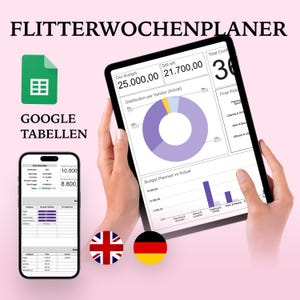 Pode incluir: Um planejador digital exibido em um tablet e smartphone, com dados financeiros e gráficos. O tablet mostra uma análise do orçamento com um gráfico de pizza, enquanto o telefone mostra os detalhes da viagem. O texto "FLITTERWOCHENPLANER" e "GOOGLE TABELLEN".