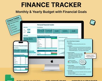 May include: A digital personal finance tracker displayed on a computer monitor and smartphone. The screen shows a monthly and yearly budget with financial goals. Additional sheets include a yearly tracker, welcome page, financial goals, and monthly tracker data entry.
