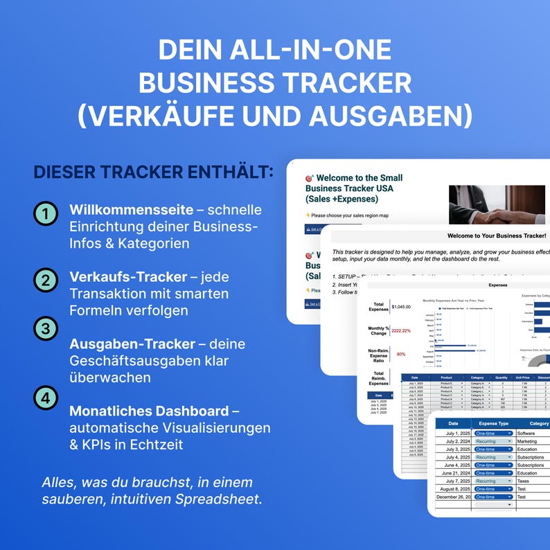 Puede incluir: Un rastreador de negocios digital con fondo azul. El texto dice "DEIN ALL-IN-ONE BUSINESS TRACKER (VERK&Auml;UFE UND AUSGABEN)". Incluye seguimiento de ventas y gastos, una p&aacute;gina de bienvenida y un panel mensual. Dise&ntilde;ado para peque&ntilde;as empresas.