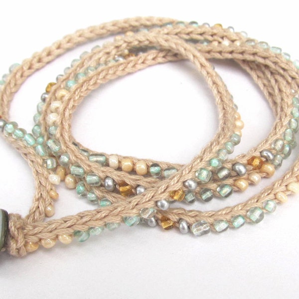 Crochet wrap bracelet / necklace, beaded, cream, aqua, "sea glass", fiber jewelry, spring accessories, spring fashion, ready to ship