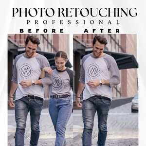 May include: Image demonstrating photo retouching services with a "Before" and "After" comparison. The image shows two people in casual attire, including t-shirts with a logo, jeans, and boots, walking on a cobbled street.