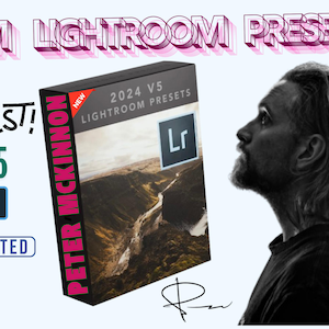 Puede incluir: Imagen promocional de ajustes preestablecidos de Lightroom. La imagen presenta una caja de producto con el texto "2024 V5 Lightroom Presets" y el nombre "Peter McKinnon". Texto adicional incluye "Latest! V5 Updated" y "PM Lightroom Presets."