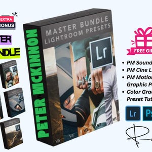 May include: A black box set of Lightroom presets by Peter McKinnon, with the text "MASTER BUNDLE LIGHTROOM PRESETS". Includes bonus gifts and a free gift. The box features images and the Lightroom logo.