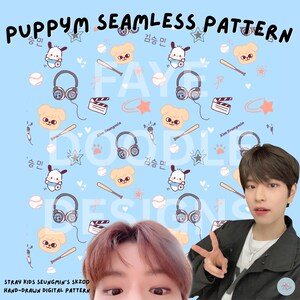 Naadloos PuppyM-patroon | Stray Kids schattig SKZOO Seungmin digitaal papier | Lichtblauwe Kpop puppy honkbal muziek clipart | Ontwerp voortplanten