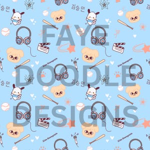 PuppyM Seamless Pattern | Stray Kids Cute SKZOO Seungmin Digital Paper | Light Blue Kpop Puppy Baseball Music Clipart | Procreate Design