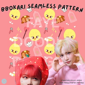 BbokAri Seamless Pattern | Stray Kids Cute SKZOO Felix Digital Paper | Pink Kpop Chick Chef Rose Clipart | Procreate Design