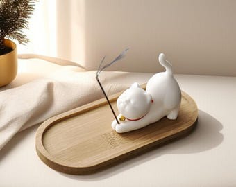 Ceramic Cat Incense Holder: Minimalist Zen Decor & Aromatherapy