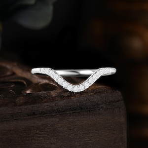 Moissanite curved white gold wedding band, Vintage diamond anniversary bridal wedding ring, Promise matching band stacking ring gift for her