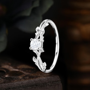 Round cut moissanite engagement ring white gold Nature inspired leaf anniversary bridal ring Unique promise wedding twig twisted ring women
