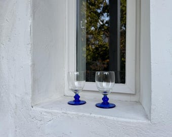 Vintage Cobalt Blue Stem Goblets - Retro Luminarc Style, Set of 2