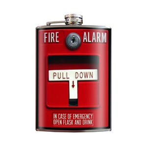 May include: A red flask with a fire alarm design. The flask has the words "FIRE ALARM" at the top and "PULL DOWN" in the center. The bottom of the flask reads "IN CASE OF EMERGENCY OPEN FLASK AND DRINK". The flask has a silver cap.