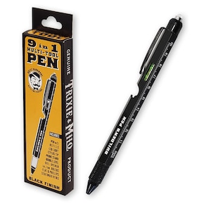 May include: A black 9-in-1 multi-tool pen with a ruler, level, and screwdriver tips. The pen includes a stylus tip, LED light, and bottle opener. The packaging is black and yellow and says "Trixie & Milo".